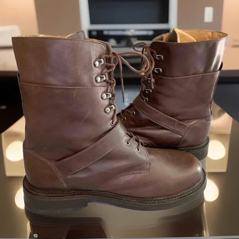 Giraudon‎ New York Combat Boots Mens 40 Brown Leather Buckle Lace Up Brazil Made